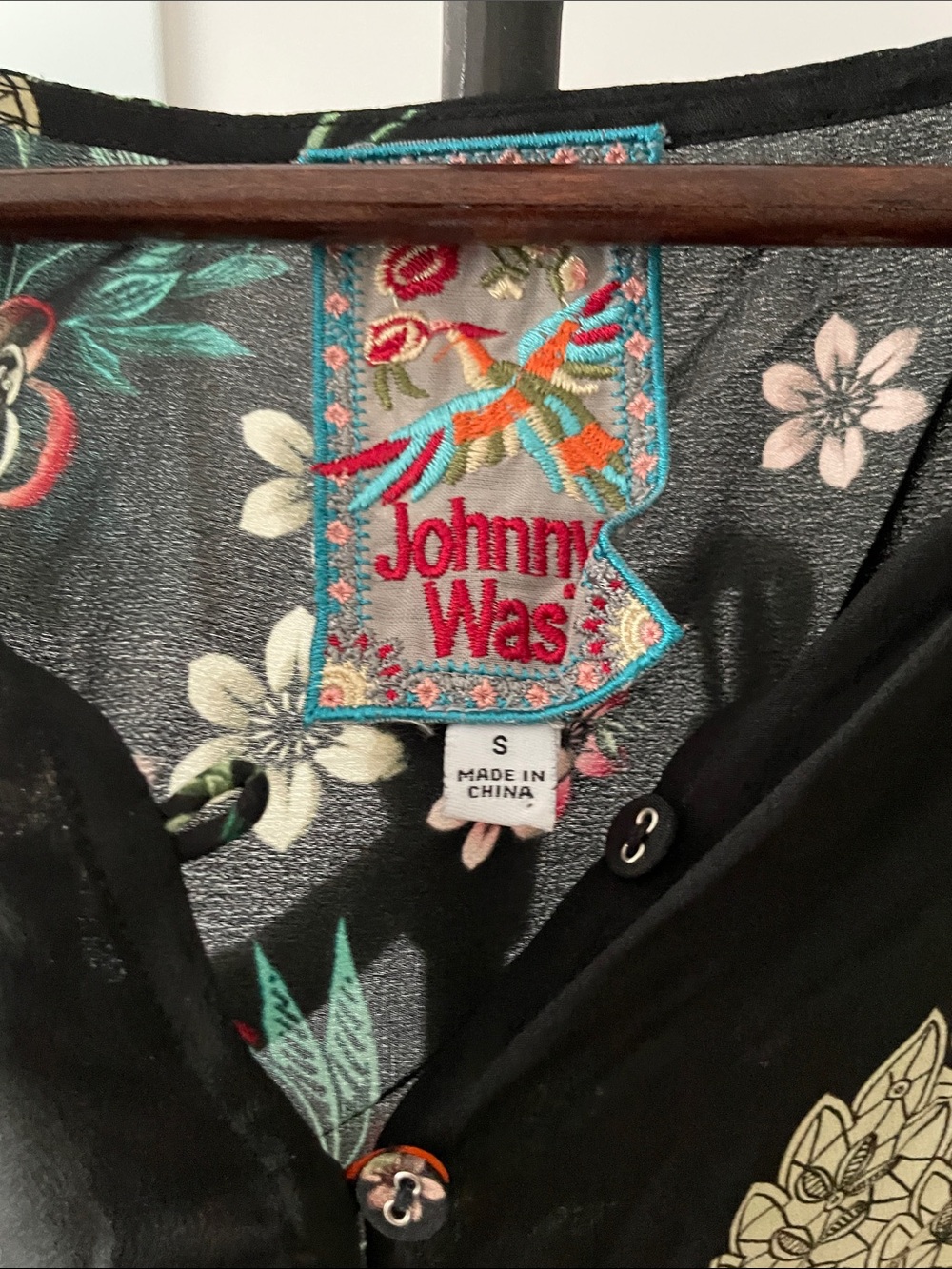 Johnny Was Black Floral Button-Front maxi dress with Teal & Coral Embroidery - Picture 2 of 6